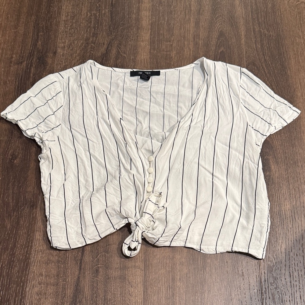 Forever 21 Ivory Striped Button-Down crop top